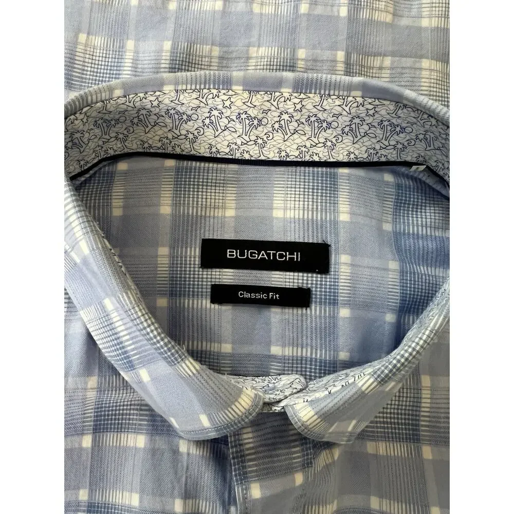 Bugatchi White & Blue Plaid Casual Button Down Shirt - Size Large - Classic Fit